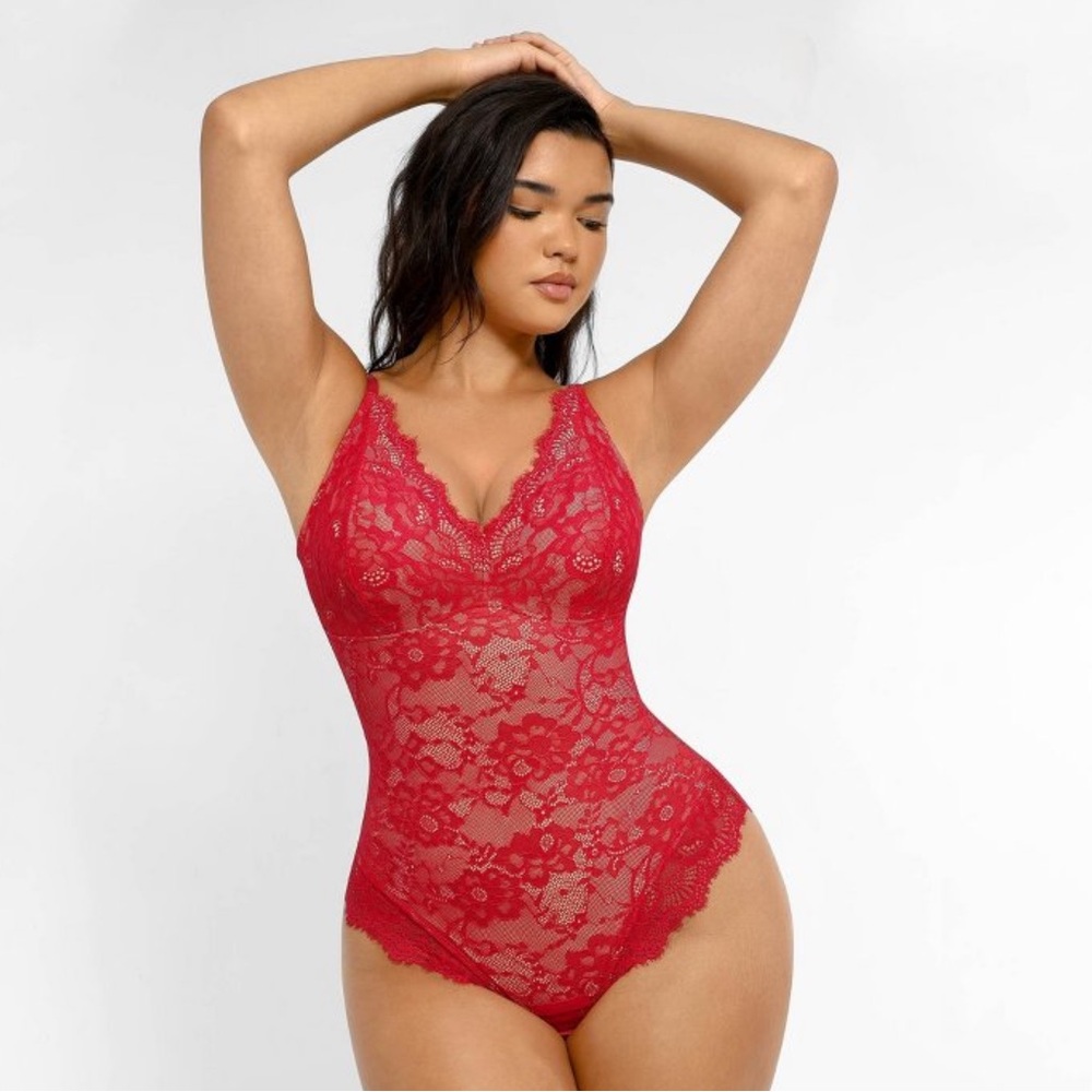 Red lacy bodysuit feelingirl
